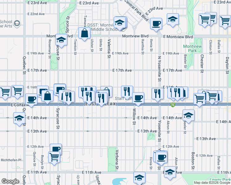 map of restaurants, bars, coffee shops, grocery stores, and more near 1543 Verbena Street in Denver