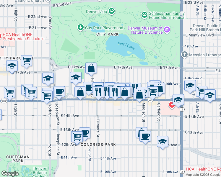 map of restaurants, bars, coffee shops, grocery stores, and more near 1541 Steele Street in Denver