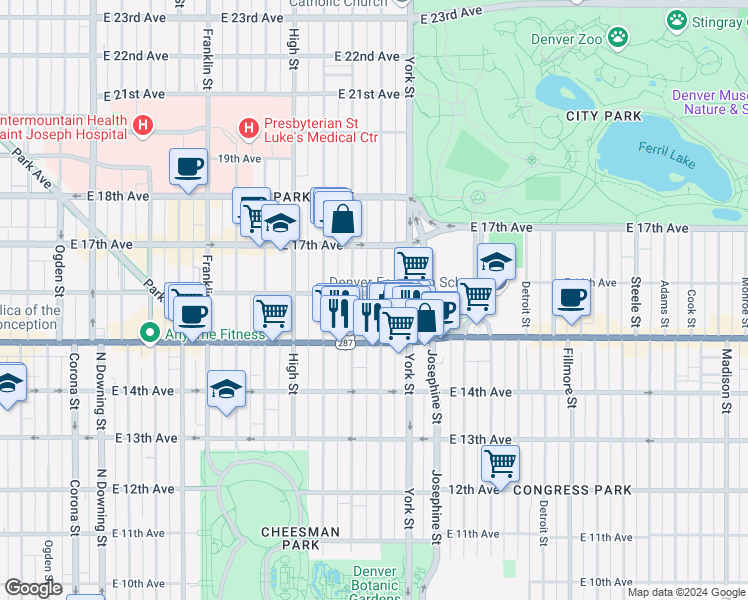 map of restaurants, bars, coffee shops, grocery stores, and more near 1546 North Gaylord Street in Denver