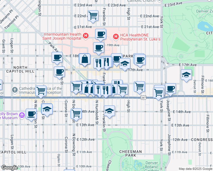 map of restaurants, bars, coffee shops, grocery stores, and more near 1544 Franklin Street in Denver