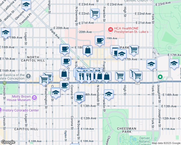 map of restaurants, bars, coffee shops, grocery stores, and more near 1555 Lafayette Street in Denver