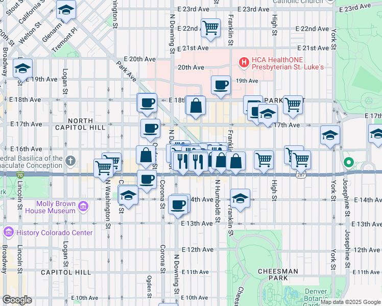 map of restaurants, bars, coffee shops, grocery stores, and more near 1555 Lafayette Street in Denver
