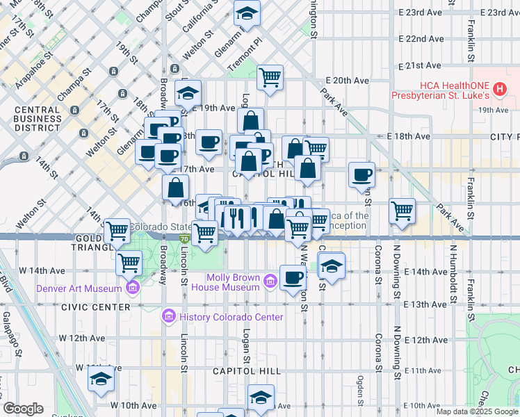 map of restaurants, bars, coffee shops, grocery stores, and more near 1575 Pennsylvania Street in Denver