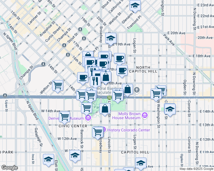 map of restaurants, bars, coffee shops, grocery stores, and more near in Denver