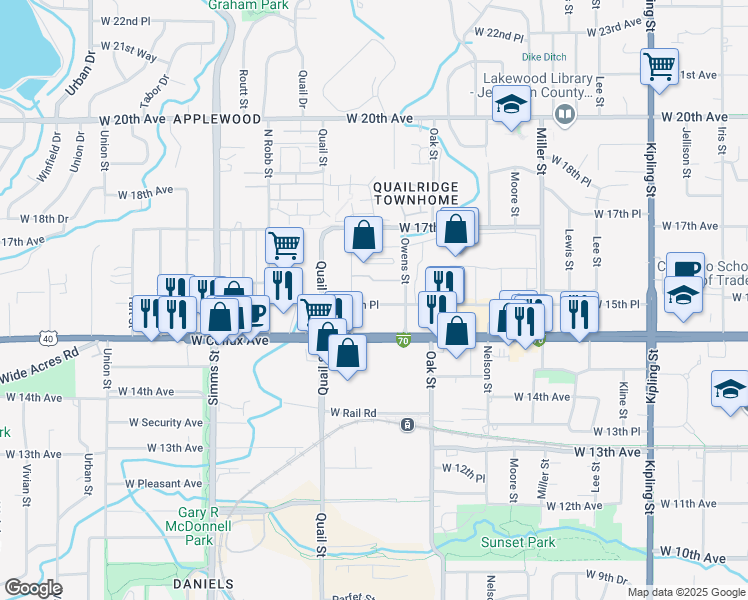 map of restaurants, bars, coffee shops, grocery stores, and more near 10909 West Colfax Avenue in Lakewood