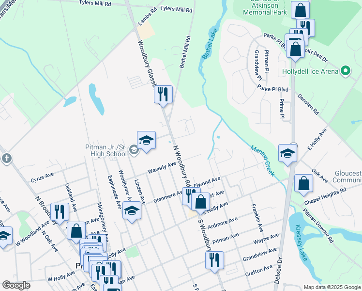 map of restaurants, bars, coffee shops, grocery stores, and more near 219 North Woodbury Road in Pitman