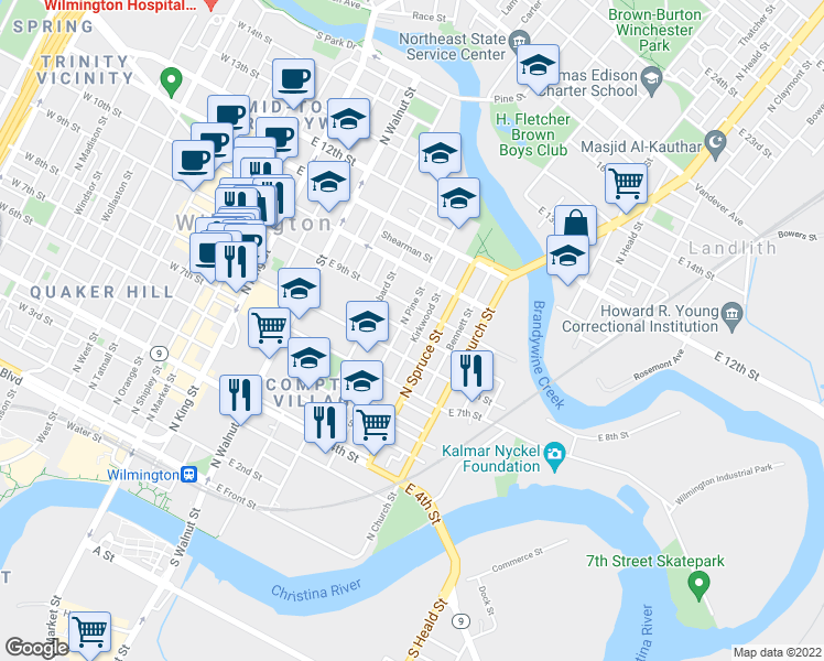 map of restaurants, bars, coffee shops, grocery stores, and more near 829 North Spruce Street in Wilmington