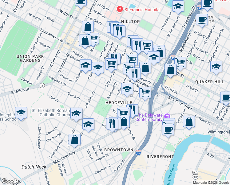 map of restaurants, bars, coffee shops, grocery stores, and more near 1237 Linden Street in Wilmington