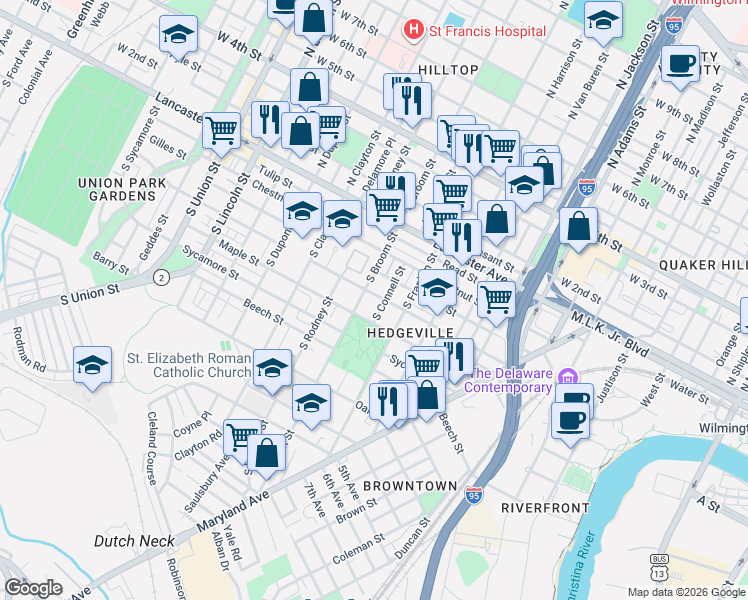 map of restaurants, bars, coffee shops, grocery stores, and more near 407 South Connell Street in Wilmington