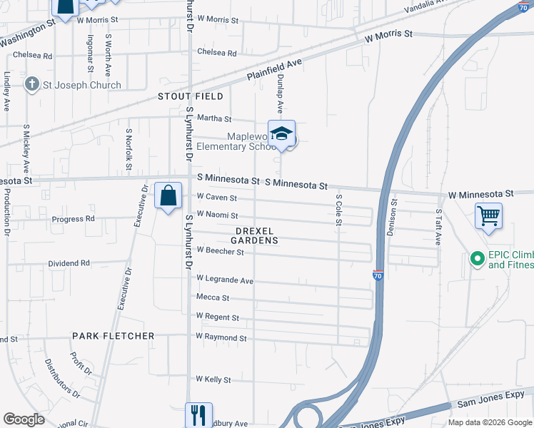map of restaurants, bars, coffee shops, grocery stores, and more near 5045 West Naomi Street in Indianapolis