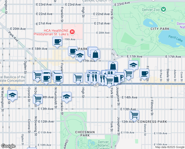map of restaurants, bars, coffee shops, grocery stores, and more near 1572 Race Street in Denver