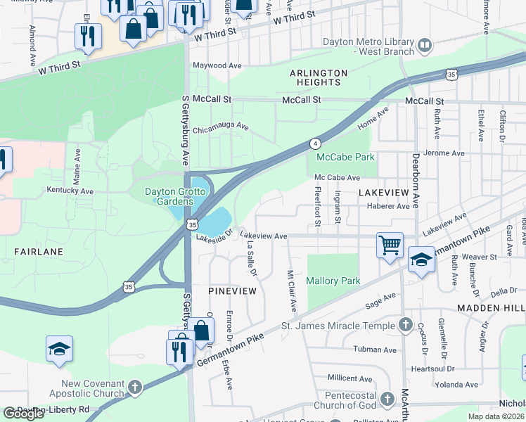 map of restaurants, bars, coffee shops, grocery stores, and more near 603 Bowie Drive in Dayton