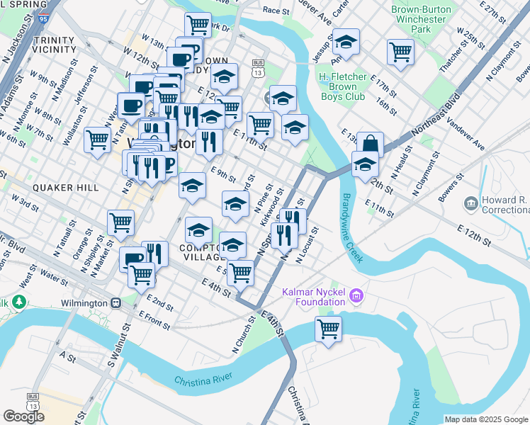 map of restaurants, bars, coffee shops, grocery stores, and more near 829 North Spruce Street in Wilmington