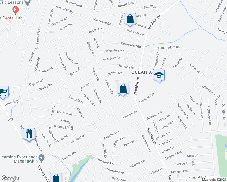 map of restaurants, bars, coffee shops, grocery stores, and more near 132 Lanyard Road in Stafford Township