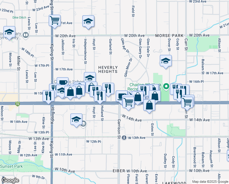 map of restaurants, bars, coffee shops, grocery stores, and more near 9201 West Colfax Avenue in Lakewood
