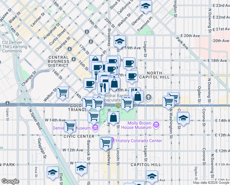 map of restaurants, bars, coffee shops, grocery stores, and more near in Denver