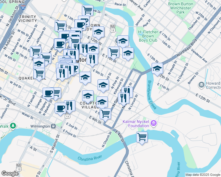 map of restaurants, bars, coffee shops, grocery stores, and more near 526 Taylor Street in Wilmington