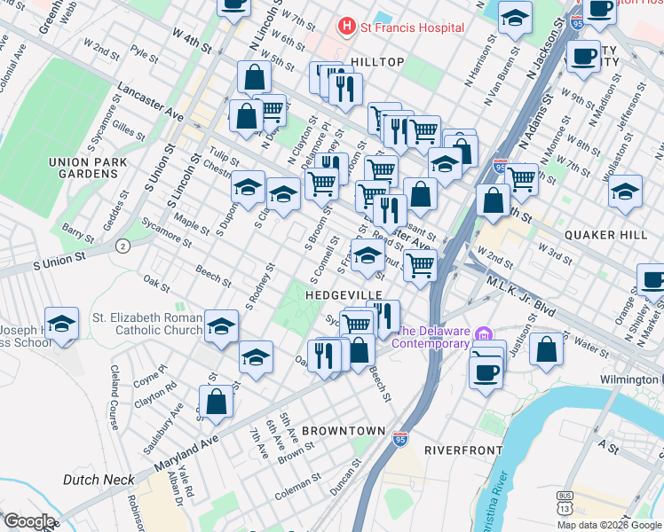 map of restaurants, bars, coffee shops, grocery stores, and more near 1237 Linden Street in Wilmington
