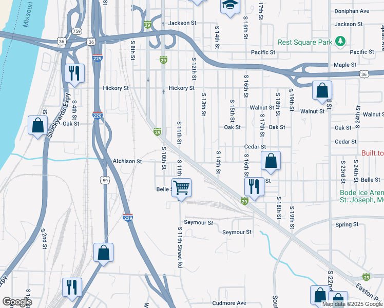 map of restaurants, bars, coffee shops, grocery stores, and more near 1205 Atchison Street in Saint Joseph