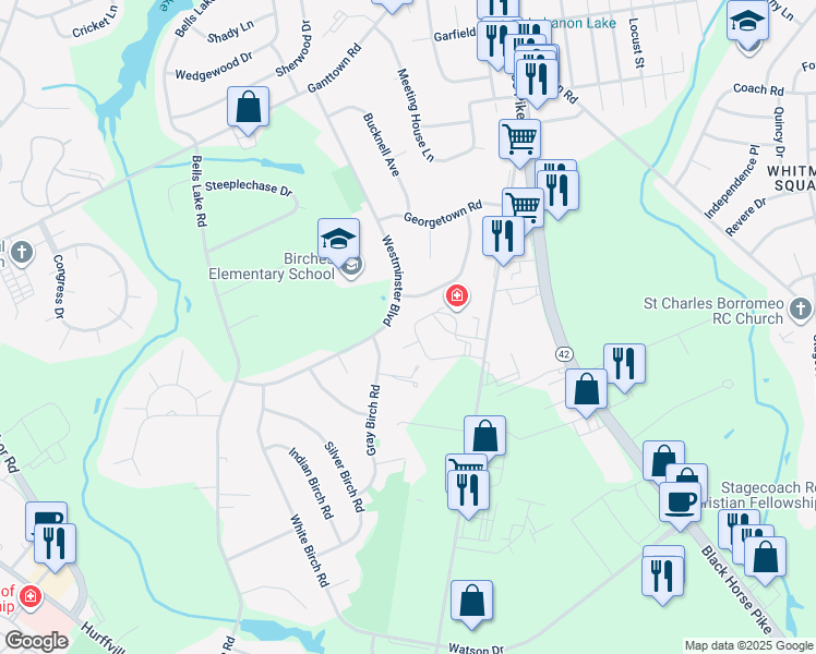 map of restaurants, bars, coffee shops, grocery stores, and more near 29 Melony Lane in Washington Township
