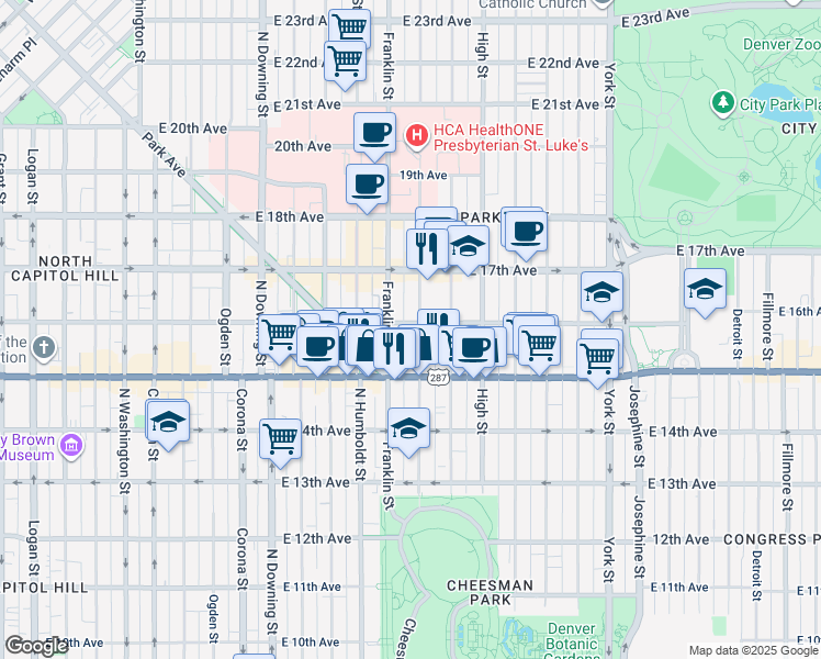 map of restaurants, bars, coffee shops, grocery stores, and more near in Denver