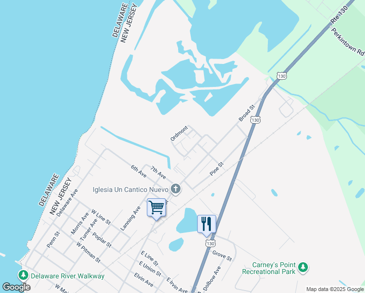 map of restaurants, bars, coffee shops, grocery stores, and more near Lanning Avenue in Carneys Point Township