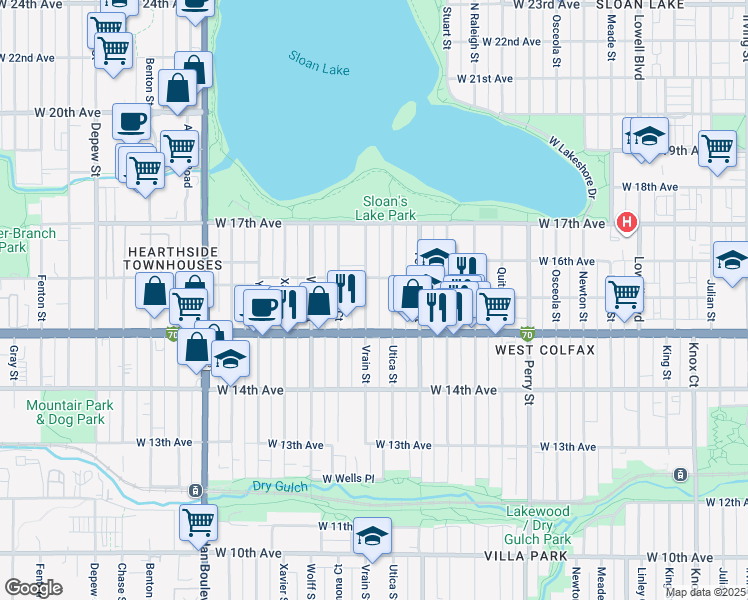 map of restaurants, bars, coffee shops, grocery stores, and more near 1550 Vrain Street in Denver