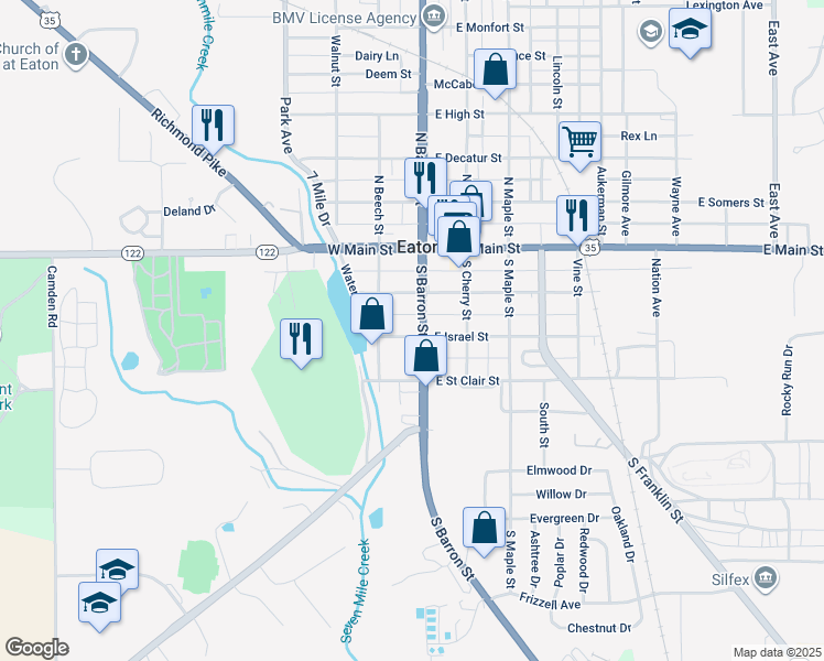 map of restaurants, bars, coffee shops, grocery stores, and more near 115 West Israel Street in Eaton