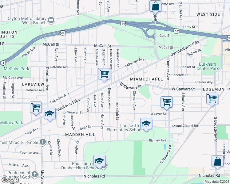 map of restaurants, bars, coffee shops, grocery stores, and more near 851 Randolph Street in Dayton