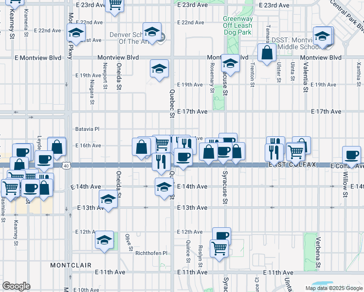 map of restaurants, bars, coffee shops, grocery stores, and more near 1567 Quince Street in Denver
