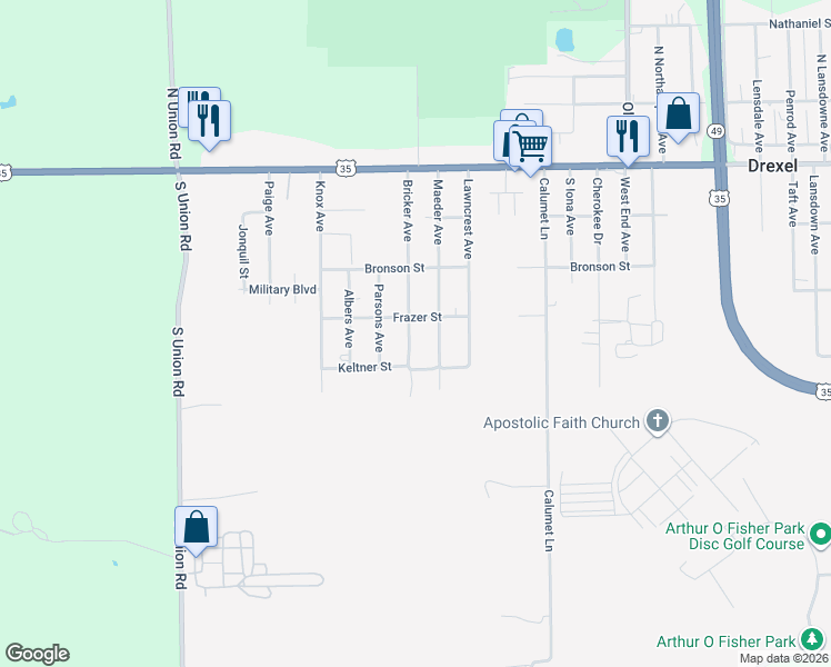 map of restaurants, bars, coffee shops, grocery stores, and more near 325 Maeder Avenue in Dayton