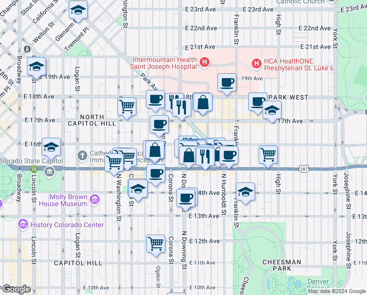 map of restaurants, bars, coffee shops, grocery stores, and more near 1100 East 16th Avenue in Denver