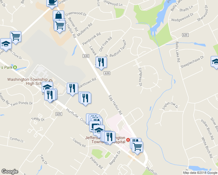 map of restaurants, bars, coffee shops, grocery stores, and more near 510 Egg Harbor Road in Washington Township