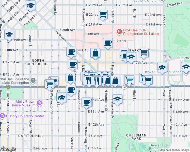 map of restaurants, bars, coffee shops, grocery stores, and more near 1222 East 16th Avenue in Denver