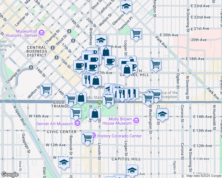 map of restaurants, bars, coffee shops, grocery stores, and more near 1540 Sherman Street in Denver