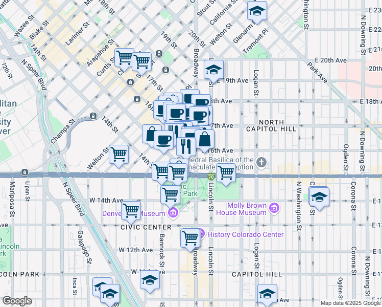 map of restaurants, bars, coffee shops, grocery stores, and more near 110 16th Street Mall in Denver