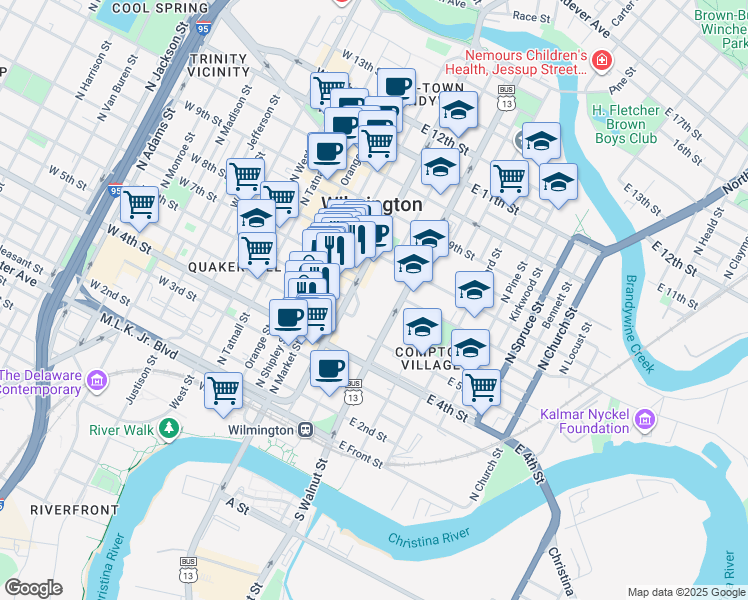 map of restaurants, bars, coffee shops, grocery stores, and more near 521 North King Street in Wilmington