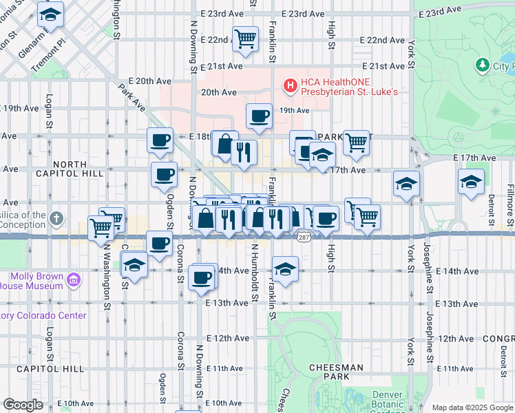 map of restaurants, bars, coffee shops, grocery stores, and more near 1578 Humboldt Street in Denver