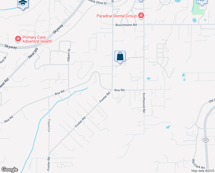map of restaurants, bars, coffee shops, grocery stores, and more near 5359 Foster Road in Paradise