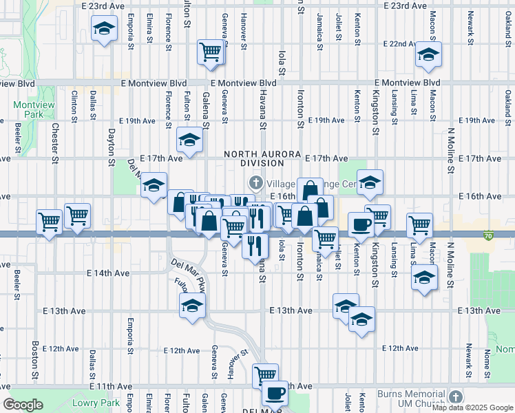 map of restaurants, bars, coffee shops, grocery stores, and more near 1548 Hanover Street in Aurora