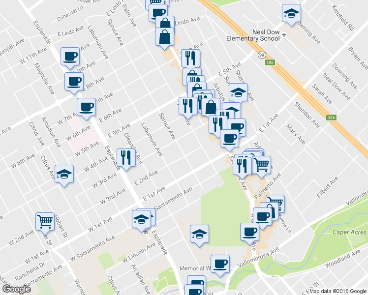 map of restaurants, bars, coffee shops, grocery stores, and more near 1224 Spruce Avenue in Chico