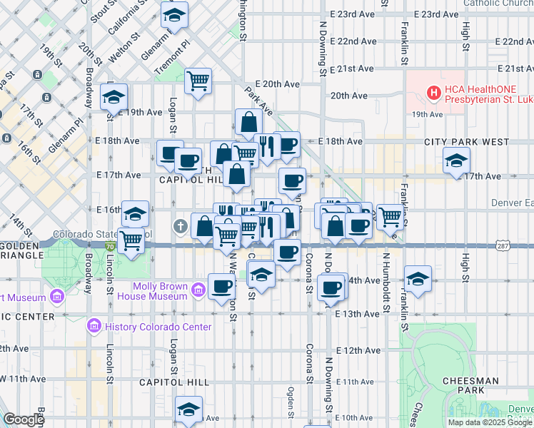 map of restaurants, bars, coffee shops, grocery stores, and more near 880 East 16th Avenue in Denver