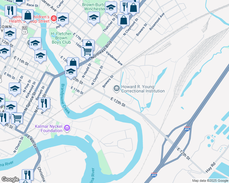 map of restaurants, bars, coffee shops, grocery stores, and more near 1301 East 12th Street in Wilmington