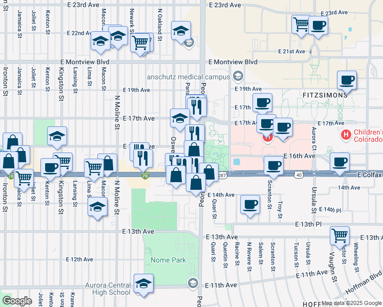 map of restaurants, bars, coffee shops, grocery stores, and more near 11980 East 16th Avenue in Aurora