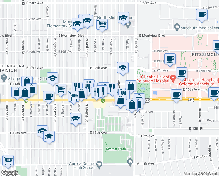 map of restaurants, bars, coffee shops, grocery stores, and more near 1530 Nome Street in Aurora