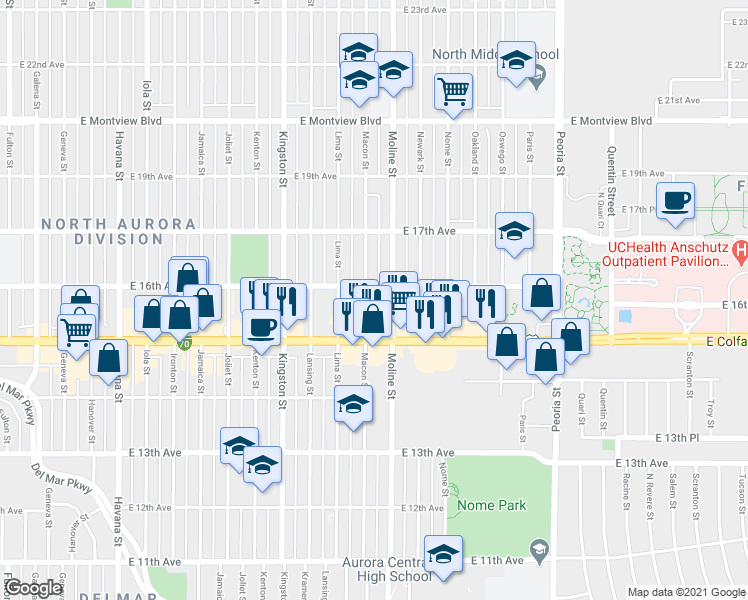 map of restaurants, bars, coffee shops, grocery stores, and more near 1545 Moline Street in Aurora