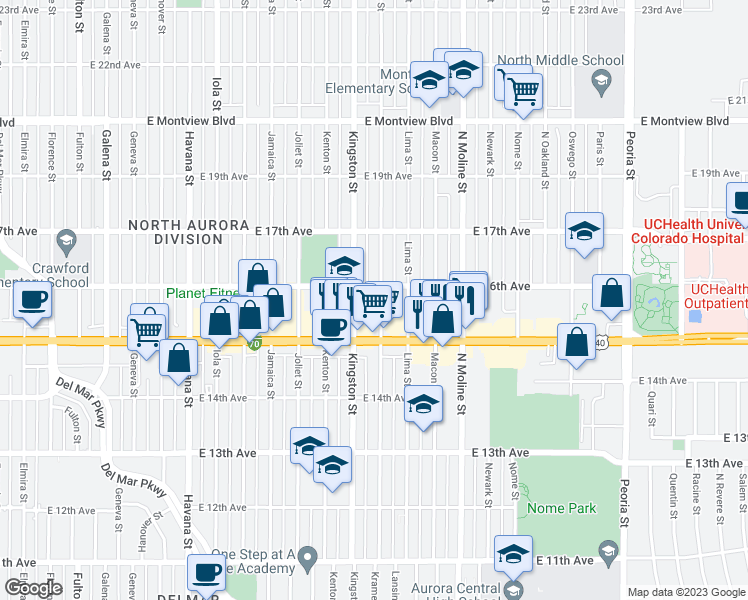 map of restaurants, bars, coffee shops, grocery stores, and more near 1531 Lima Street in Aurora