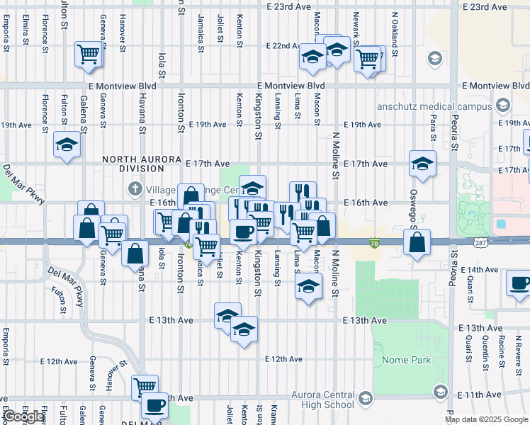 map of restaurants, bars, coffee shops, grocery stores, and more near 1585 Kingston Street in Aurora