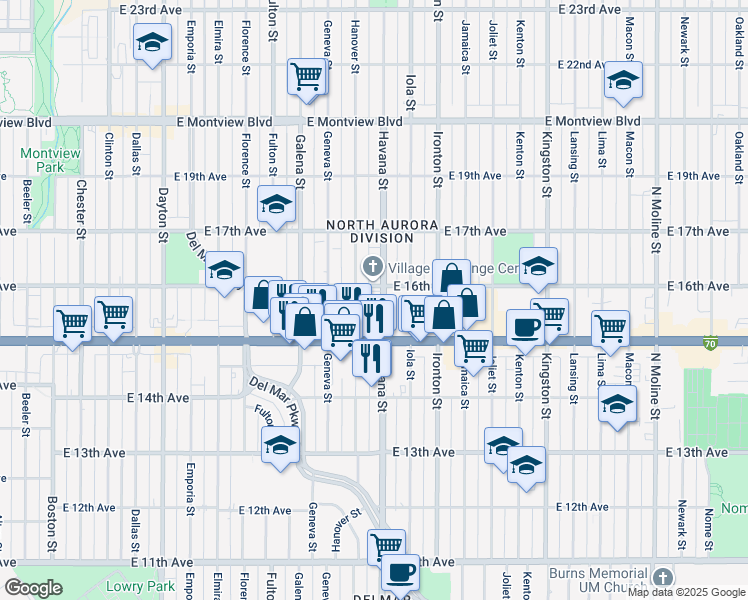 map of restaurants, bars, coffee shops, grocery stores, and more near 1548 Hanover Street in Aurora
