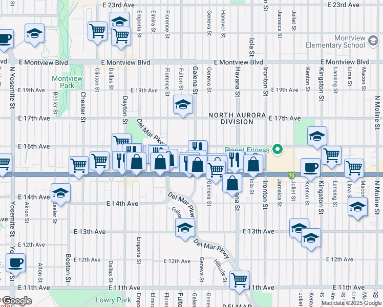 map of restaurants, bars, coffee shops, grocery stores, and more near 1532 Galena Street in Aurora